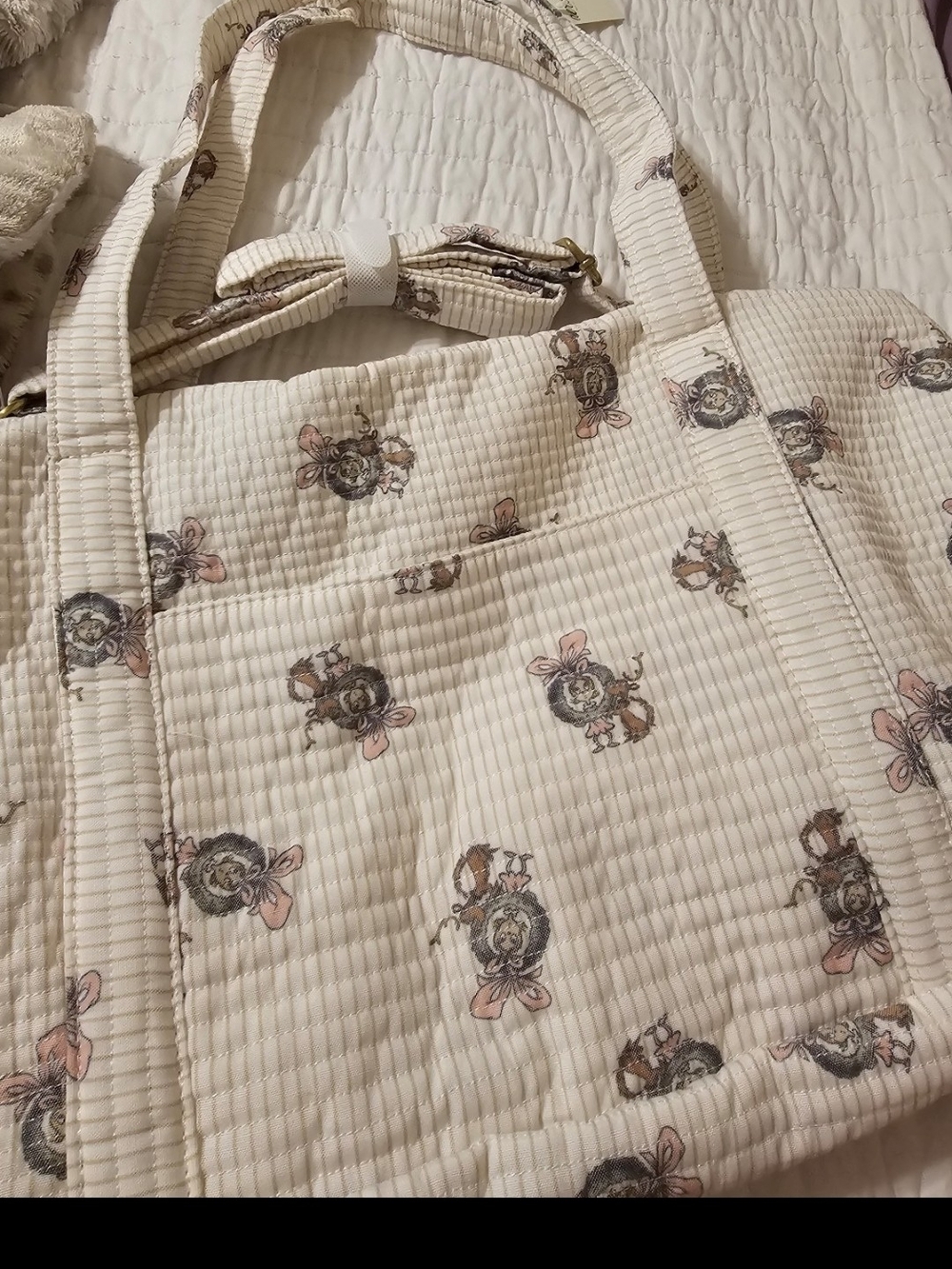 Quilted Cream Floral Print Tote Bag